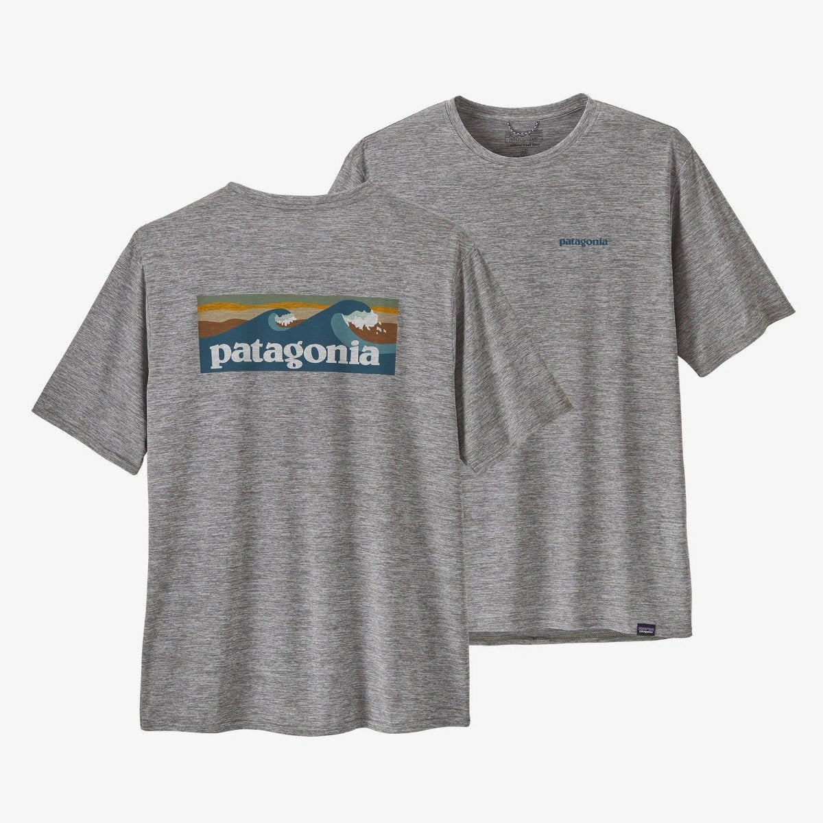 Patagonia Men's Capilene® Cool Daily Waters Graphic Shirt in Boardshort Logo Abalone Blue: Feather Grey