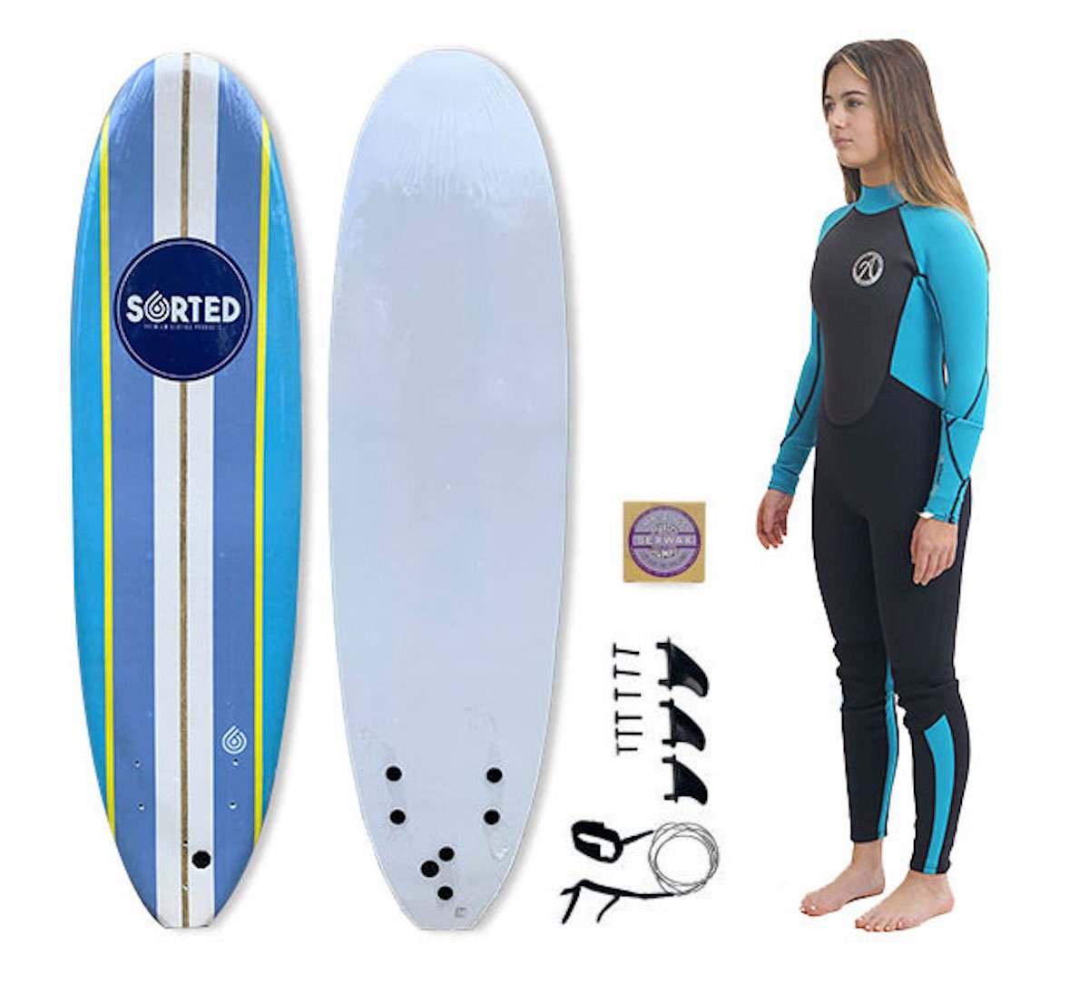 Sorted Premium 6ft2 Foam Surfboard + 3/2mm Summer Wetsuit Package for Girls