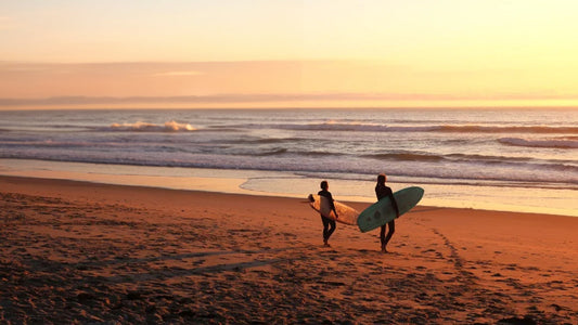two men with surfboards on a beach