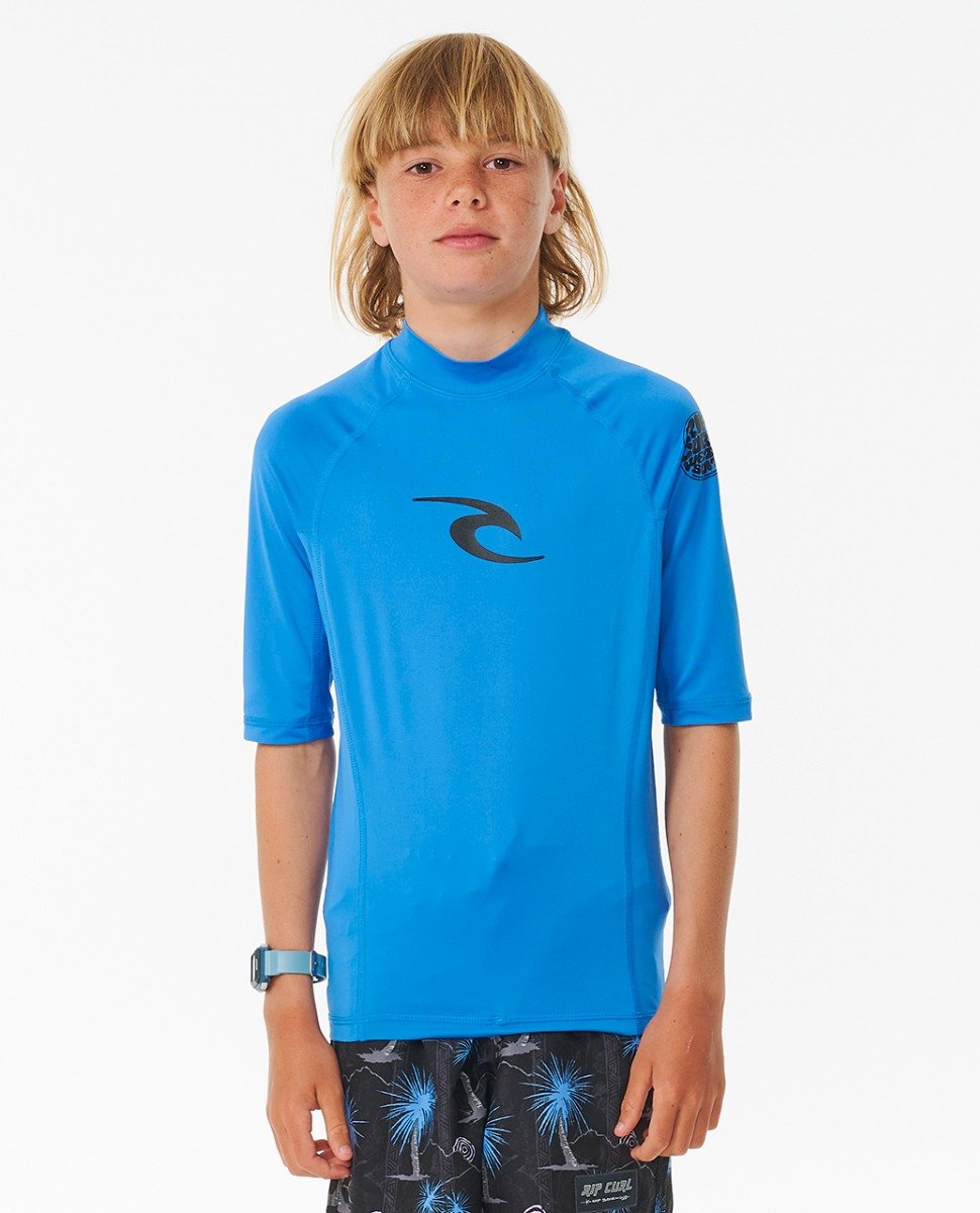 Rip Curl Brand Wave Boys UPF Short Sleeve Rash Vest - Blue Gum