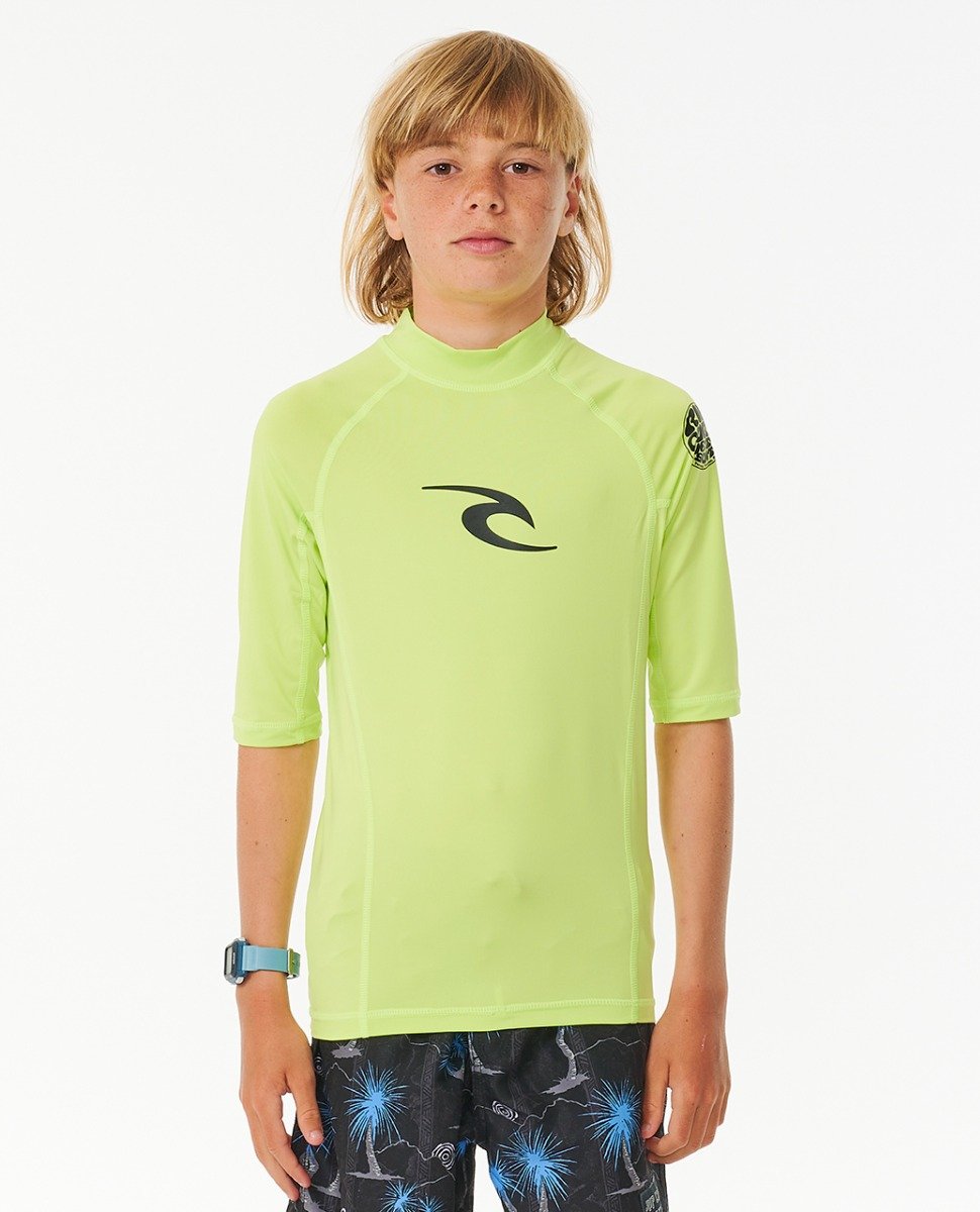 Rip Curl Brand Wave UPF Boys Short Sleeve Rash Vest - Lime