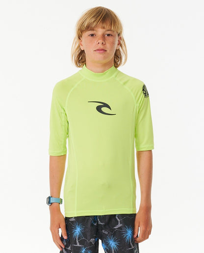 Rip Curl Brand Wave UPF Boys Short Sleeve Rash Vest - Lime