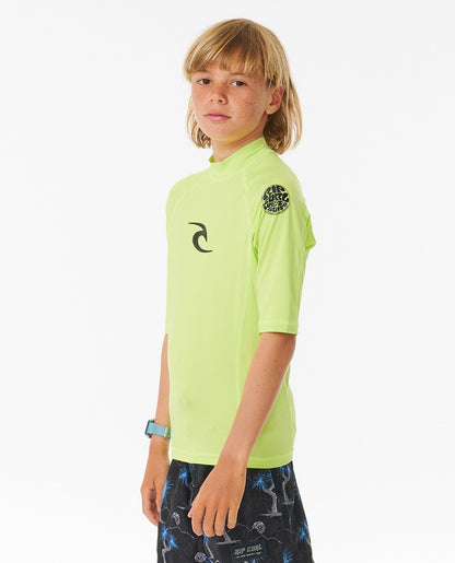 Rip Curl Brand Wave UPF Boys Short Sleeve Rash Vest - Lime
