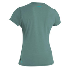 Back of womens sun shirt in green with turquoise logo on a white background.