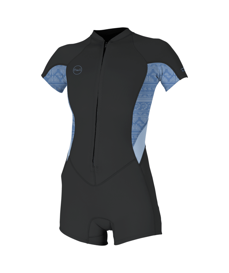 O'Neill Bahia 2/1mm Womens Front Zip Short Sleeve Shorty Wetsuit - Tempered Steel/ Surf Abstract/Chambray Blue