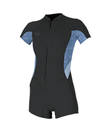 O'Neill Bahia 2/1mm Womens Front Zip Short Sleeve Shorty Wetsuit - Tempered Steel/ Surf Abstract/Chambray Blue