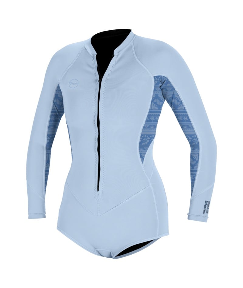 O'Neill Womens Bahia 2/1mm Front Zip Long-Sleeved Shorty in Chambray Blue / Surf Abstract