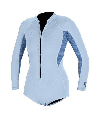 O'Neill Womens Bahia 2/1mm Front Zip Long-Sleeved Shorty in Chambray Blue / Surf Abstract