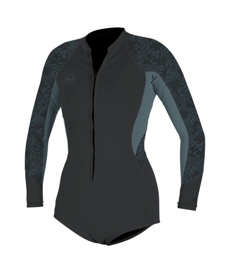 O'Neill Womens Bahia 2/1mm Front Zip Long-Sleeved Shorty in Tempered Steel / Shade / Shaded Island Sky