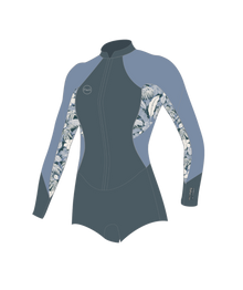 O'Neill Bahia 2/1mm Womens Front Zip Long Arm Shorty - Shade / Palmento Tropic / Faded Denimb