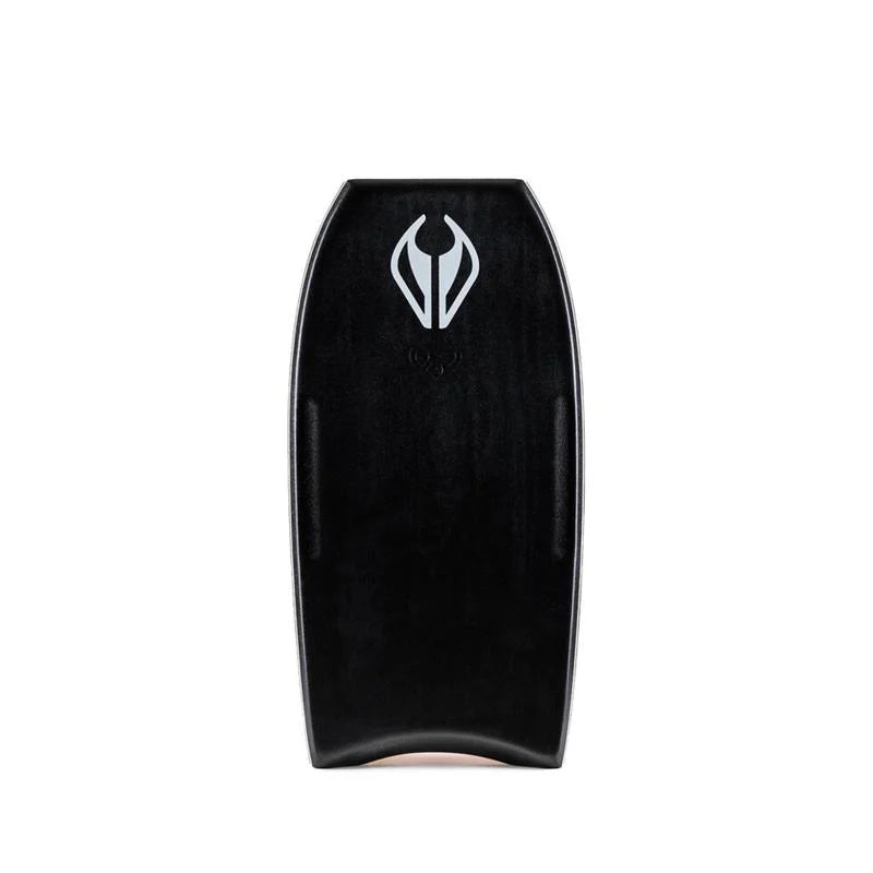 Black bodyboard with a white logo and on white background.