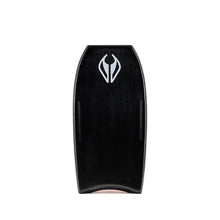 Black bodyboard with a white logo and on white background.
