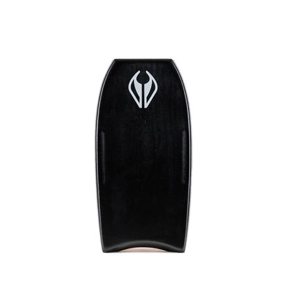 Black bodyboard with a white logo and on white background.