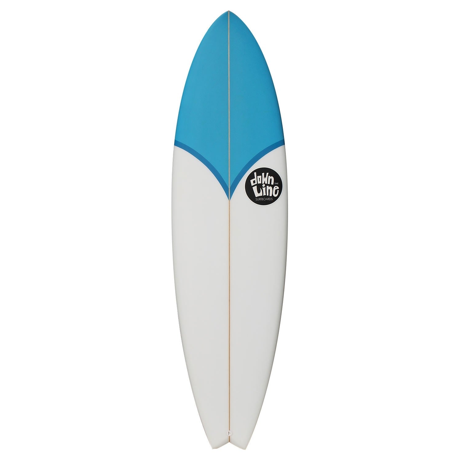 Fish surfboard in blue and white with a black and white logo on a white background.