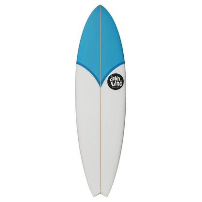Fish surfboard in blue and white with a black and white logo on a white background.