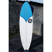 Fish surfboard in blue and white with a tri fin set up.