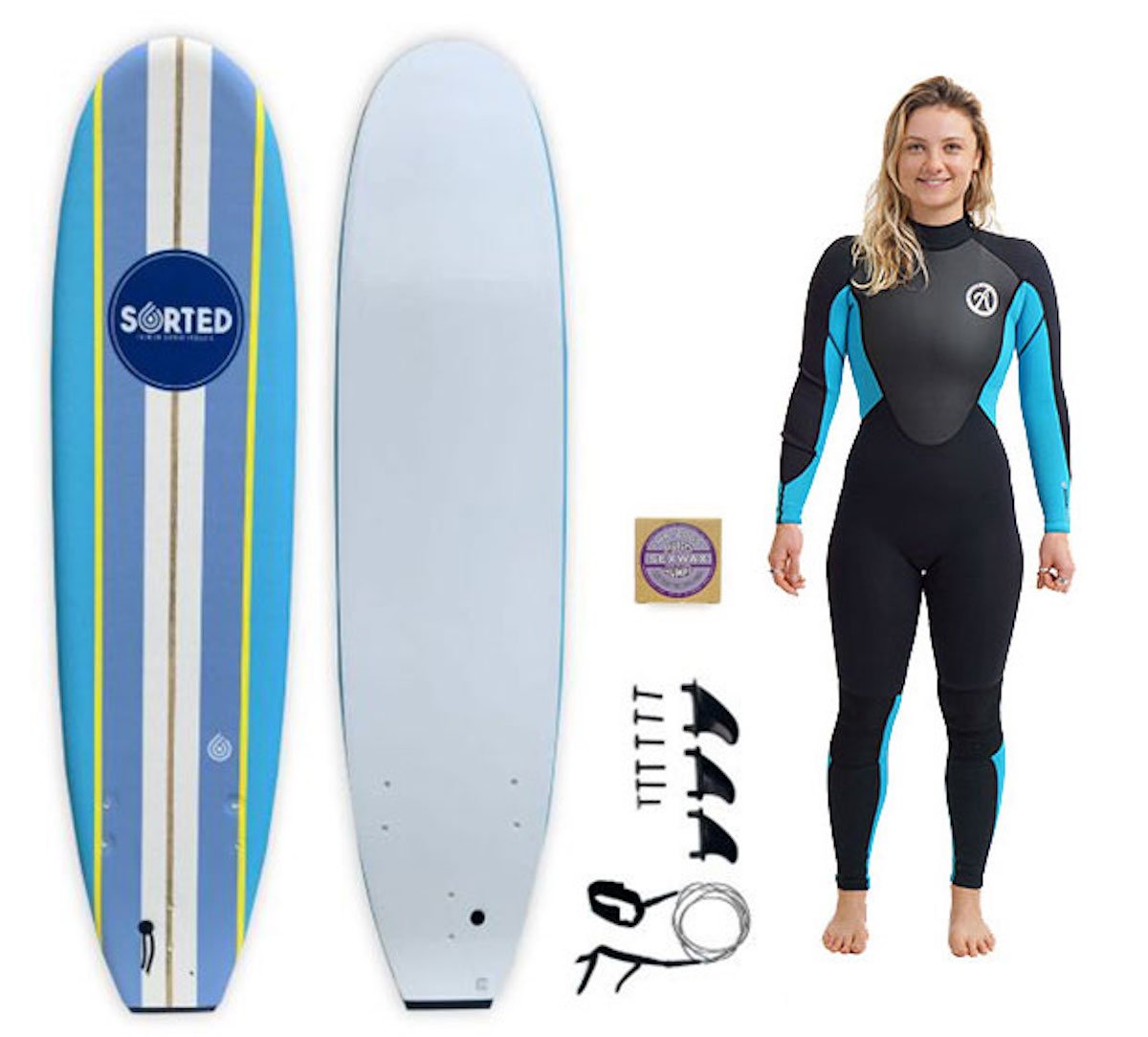 Sorted Premium 8ft Foam Surfboard + 3/2mm Summer Wetsuit Package for Women