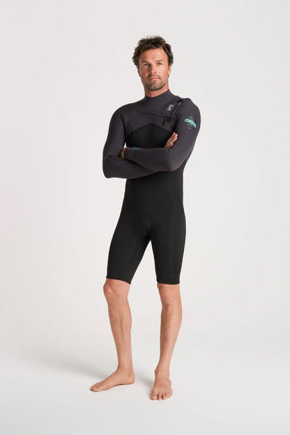 C-Skins NuWave Session 3/2mm Mens GBS Chest Zip Long Arm Shorty 2026 - Black/Meteor X/Petrol