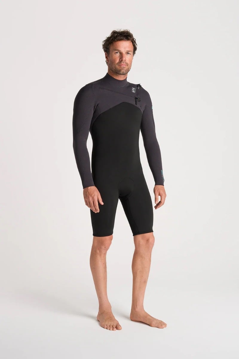 C-Skins NuWave Session 3/2mm Mens GBS Chest Zip Long Arm Shorty 2026 - Black/Meteor X/Petrol