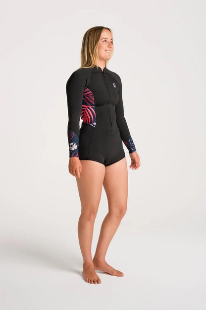 C-Skins NuWave Solace Lite 2mm Womens Flatlock Front Zip Long Sleeve Surf Suit - Black / Tropical