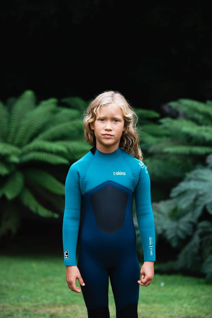 C-Skins NuWave Legend 4/3mm Junior GBS Back Zip Wetsuit 2026 - Bluestone / Emerald / Lime