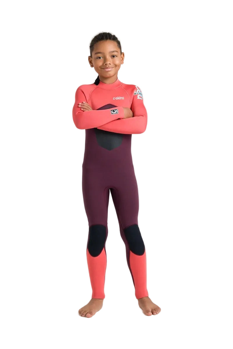 C-Skins NuWave Legend 4/3mm Junior GBS Back Zip Wetsuit in Rust / Coral Flame / Blue