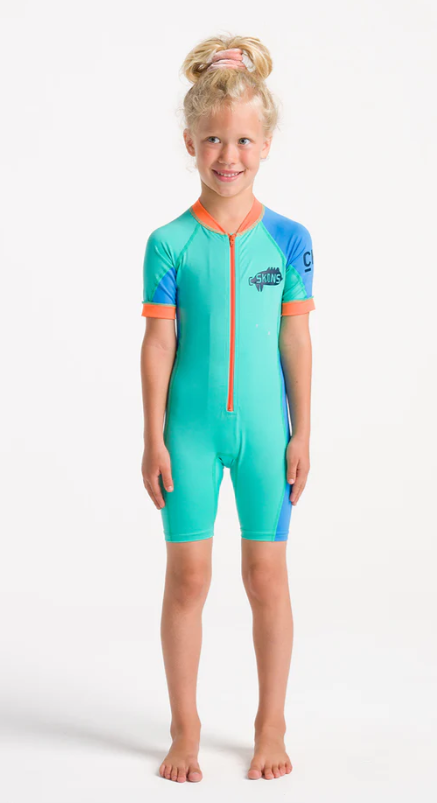 C-Skins NuWave UV  Girls Shortie Sunsuit - Aqua/Orange/Green