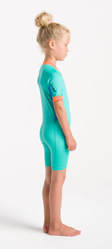 C-Skins NuWave UV Girls Shortie Sunsuit 2025 - Aqua/Orange/Green