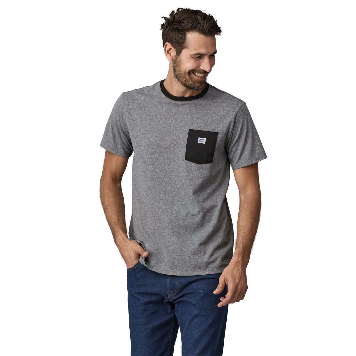 Patagonia Shop Sticker Unisex Pocket Responsibili-Tee - Gravel Heather
