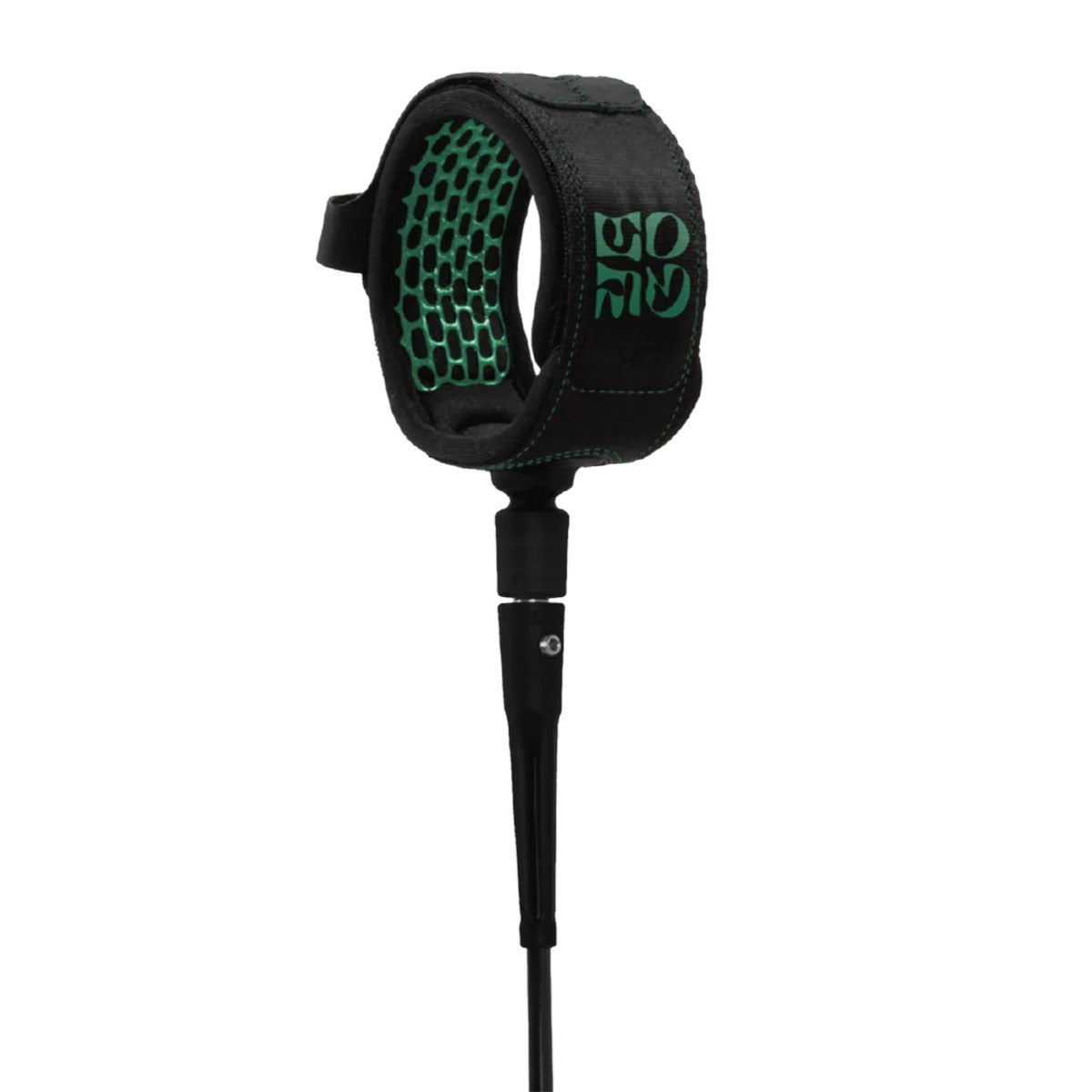 All round essential 6ft surfboard Leash in black and green on a white background